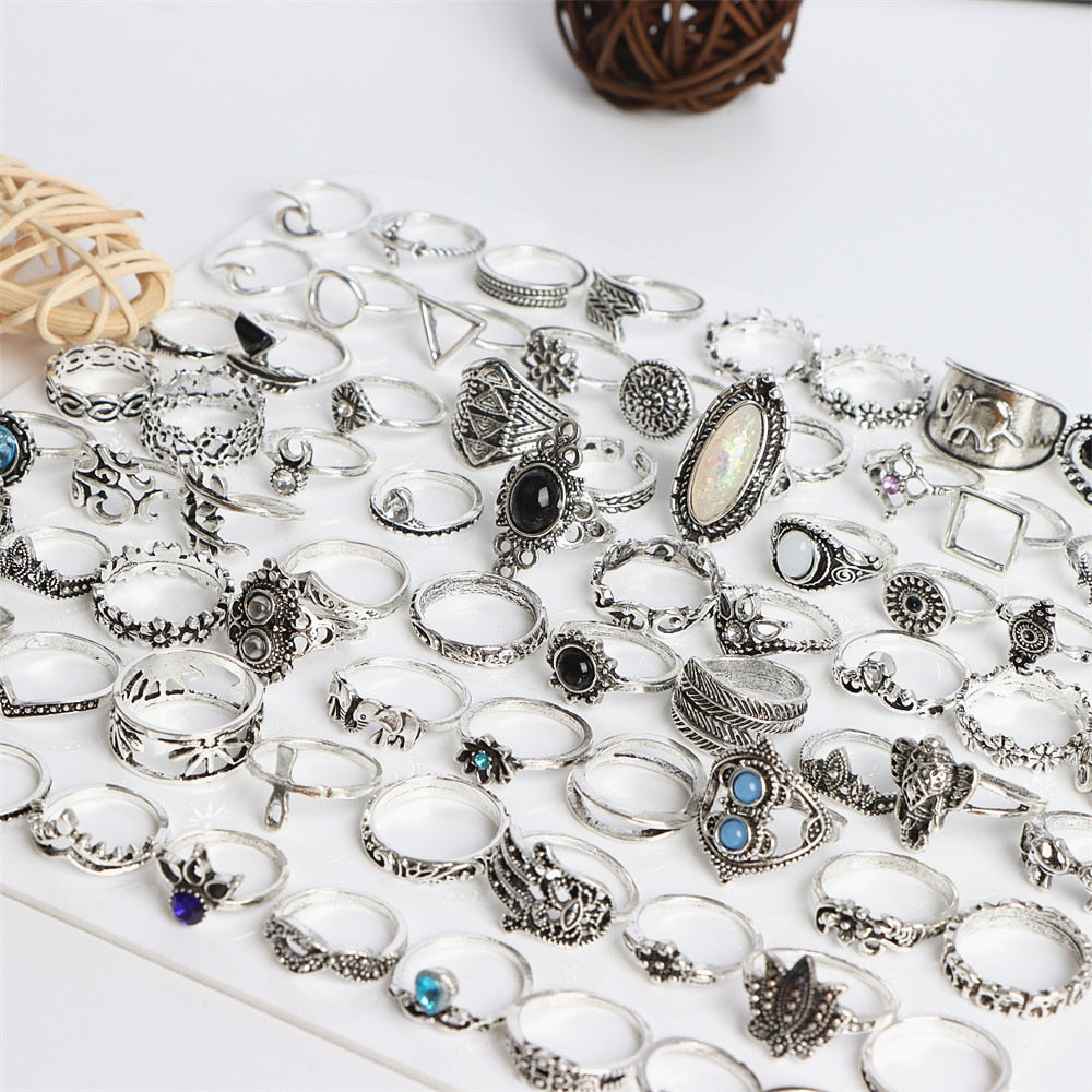 Wholesale 100pcs/Lot Vintage Bohemia Geometry Flowers Silver Plated Finger Rings For Women Mix Style Fashion Jewelry