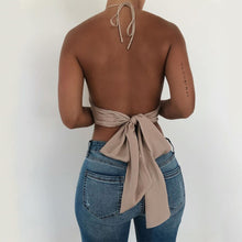 Load image into Gallery viewer, Cryptographic Fashion Satin Halter Crop Tops Sleeveless Backless Bandage Bow Tie Up Tanks Top Female Vest Cropped Streetwear