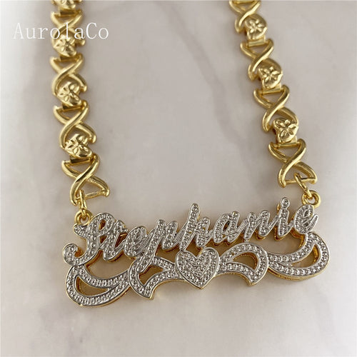 AurolaCo Custom Name Necklace 3D Double Nameplate Custom Earrings Set Personalized XOXO Name Necklace for Women Jewelry