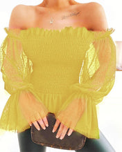 Load image into Gallery viewer, wsevypo New Sexy Off Shoulder Blouse Women Mesh Flare Sleeve Shirts Summer Fashion Sheer Long Sleeve Lace Frill Blouser Tops