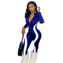 Load image into Gallery viewer, Fitness Sportwear Rompers Women Casual Stripe Patchwork Long Sleeve Zippes V Neck Workout Jumpsuit Outfit One Piece Overalls
