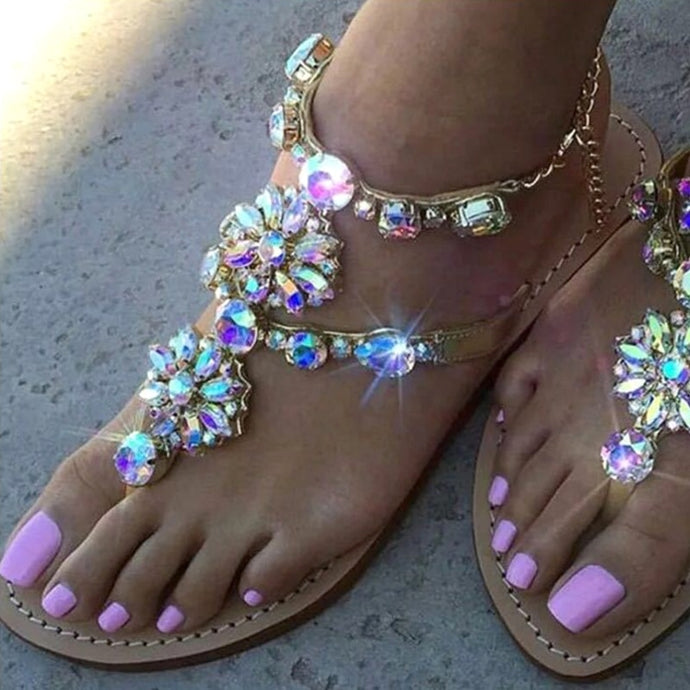 2021 Woman Sandals Fashion Shoes Rhinestones Chains Thong Gladiator Flat Sandals Crystal Chaussure Plus Size 42 tenis feminino