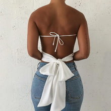 Load image into Gallery viewer, Cryptographic Fashion Satin Halter Crop Tops Sleeveless Backless Bandage Bow Tie Up Tanks Top Female Vest Cropped Streetwear