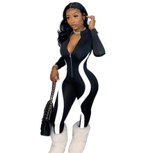 Load image into Gallery viewer, Fitness Sportwear Rompers Women Casual Stripe Patchwork Long Sleeve Zippes V Neck Workout Jumpsuit Outfit One Piece Overalls