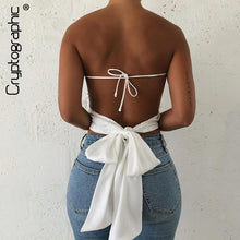 Load image into Gallery viewer, Cryptographic Fashion Satin Halter Crop Tops Sleeveless Backless Bandage Bow Tie Up Tanks Top Female Vest Cropped Streetwear