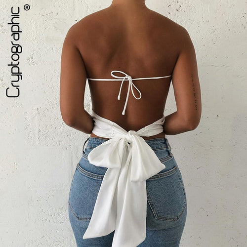 Cryptographic Fashion Satin Halter Crop Tops Sleeveless Backless Bandage Bow Tie Up Tanks Top Female Vest Cropped Streetwear