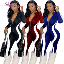 Load image into Gallery viewer, Fitness Sportwear Rompers Women Casual Stripe Patchwork Long Sleeve Zippes V Neck Workout Jumpsuit Outfit One Piece Overalls