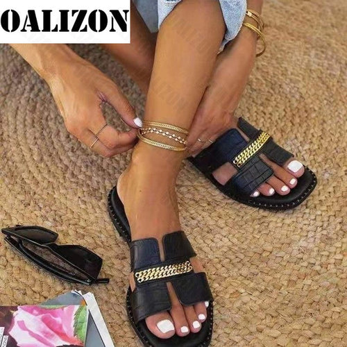 Classic Designer New 2022 Women Flat Flip Flops Double Chain Sandal Slippers Shoes Women Lady Flats Slippers Sandals Shoes Woman