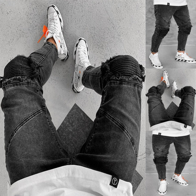 Men's Black Jeans Distressed Denim Pants Cotton Vintage