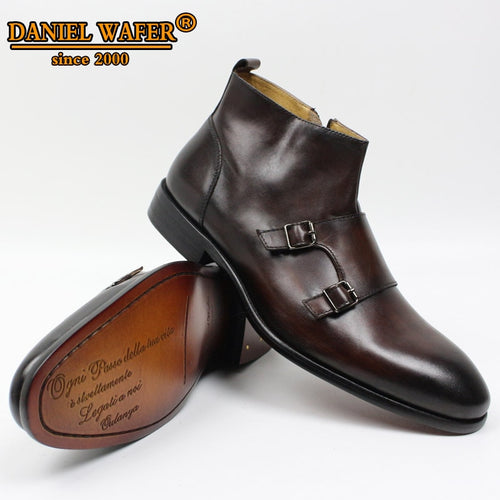 Luxury Design Men Boots Genuine Leather Men Ankle Boots High Grade Zipper Double Buckle Strap Coffee Black Shoes Basic Boots Men