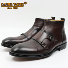 Load image into Gallery viewer, Luxury Design Men Boots Genuine Leather Men Ankle Boots High Grade Zipper Double Buckle Strap Coffee Black Shoes Basic Boots Men