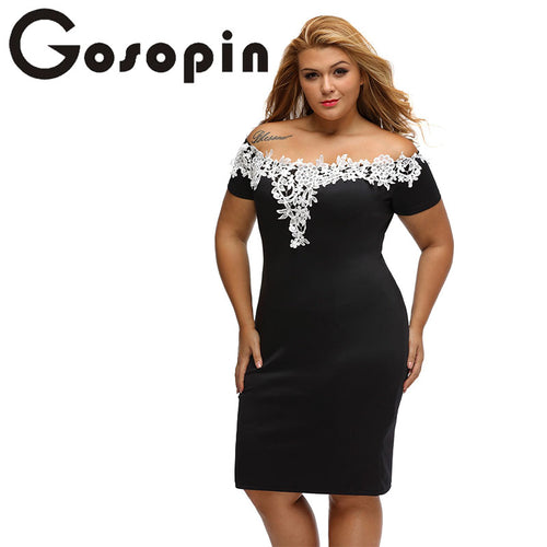 Elegant Ladies Sexy Short Sleeve Lace Crochet Off Shoulder Black Plus Size Pencil Dress