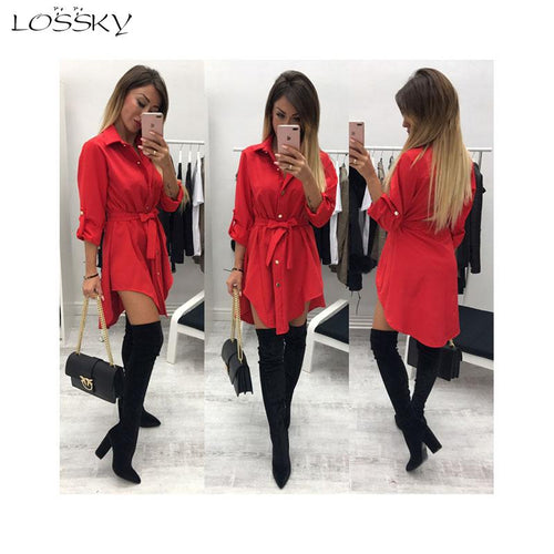Long Sleeve Turn Down Collar Irregular Shirt Dress