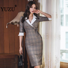 Load image into Gallery viewer, Office Plaid Bow Lace Up Turn-down Collar Pencil Dress