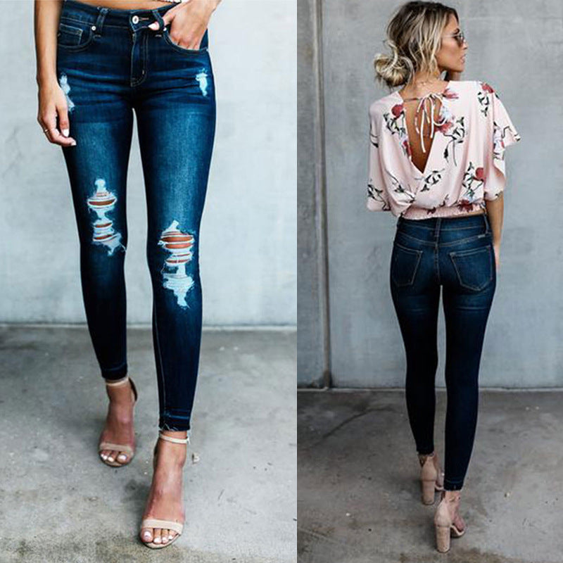 Hot Selling Women's Clothes Europe and the United States, Body-building dark holes in small trousers show thin jeans