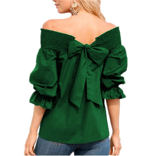 Sexy Off Shoulder Strapless Blouse Women Bowknot Tops Slash Neck  Loose