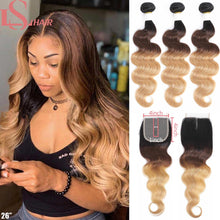 Load image into Gallery viewer, LS HAIR Brazilian Body Wave Hair Weave 3/4 Bundles With Closure Blonde 1B/4/27 Remy Ombre Human Hair Bundles With T Lace Closure