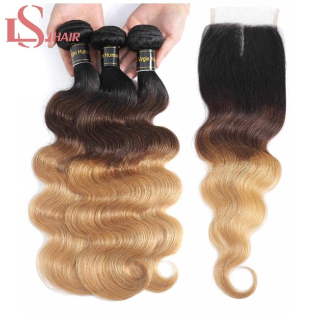 LS HAIR Brazilian Body Wave Hair Weave 3/4 Bundles With Closure Blonde 1B/4/27 Remy Ombre Human Hair Bundles With T Lace Closure