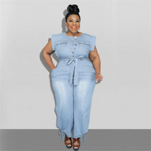 Load image into Gallery viewer, Jumpsuit Plus Size Women Clothing Denim Round Neck Lace Up Sleeveless Trousers Pocket Stretch Bodysuit Wholesale Dropshipping