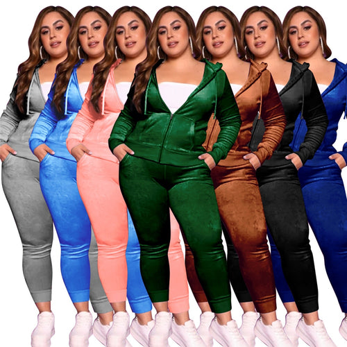 Plus Size Women's Clothing Fashion Hooded Zipper Tops Sexy Pants Solid Color Velvet Casual Two Piece Suit Wholesale Dropshipping