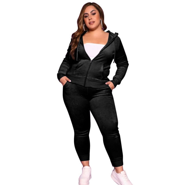 Plus Size Women's Clothing Fashion Hooded Zipper Tops Sexy Pants Solid Color Velvet Casual Two Piece Suit Wholesale Dropshipping