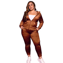 Load image into Gallery viewer, Plus Size Women&#39;s Clothing Fashion Hooded Zipper Tops Sexy Pants Solid Color Velvet Casual Two Piece Suit Wholesale Dropshipping