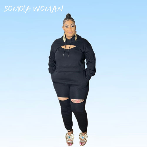 Plus Size Women Clothing Sporty 3 Piece Set Holed Sexy Tracksuit Hoodie Tops Casual Sweatpants Wholesale Items