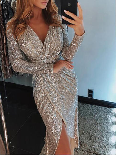 Elegant Sequined Glitter Party Dress Women Sexy V Neck Slim Glitter Dress Long Sleeve Ladies Club Party Dresses