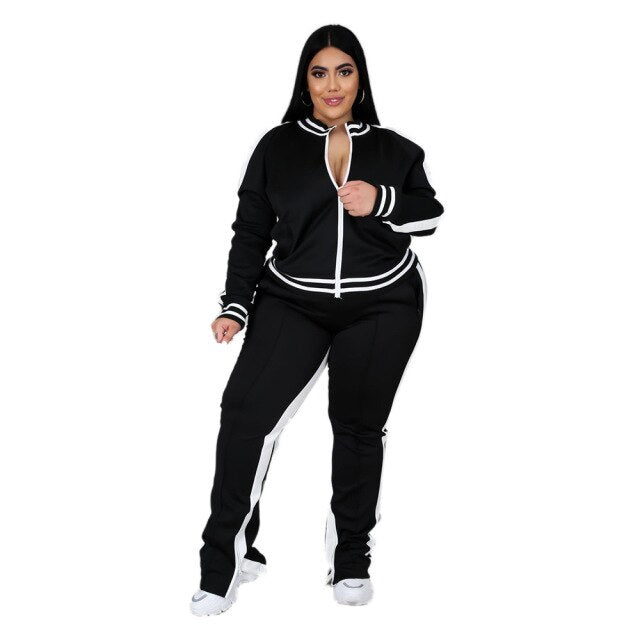 Plus Size Women Clothing Casual Tracksuit Zipper Striped 2 Piece Sets Womens Outfits Joggers Sporty Matching Suit Wholesale Item