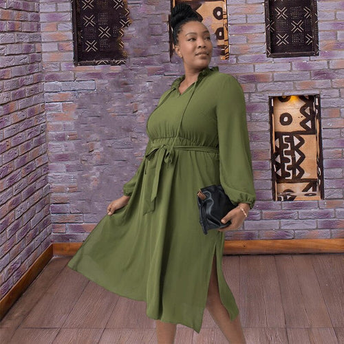 Plus Size Dresses Women Clothing Sexy Lime Green Dress with Lace Up Fall Ladies Long Sleeve Shirt Dress Wholesale Dropshipping