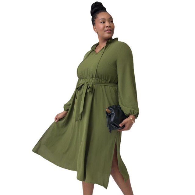Plus Size Dresses Women Clothing Sexy Lime Green Dress with Lace Up Fall Ladies Long Sleeve Shirt Dress Wholesale Dropshipping