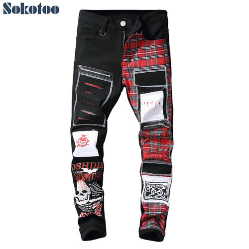 Men's Skull Printed Scottish Plaid Patchwork Jeans