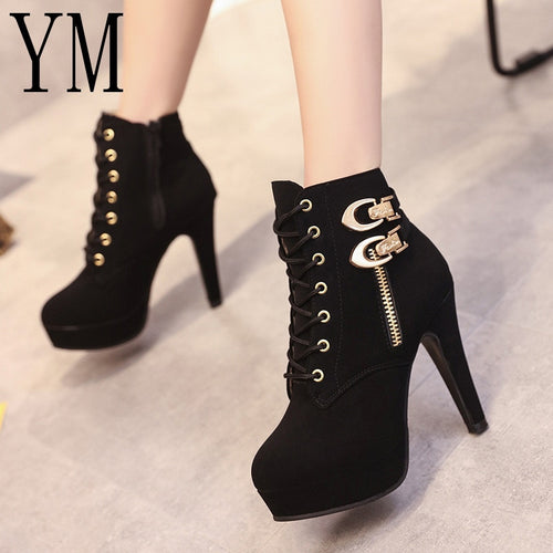 New Autumn Winter Women Boots High Quality Solid Lace-up European Ladies shoes PU Leather Fashion Boots Zip