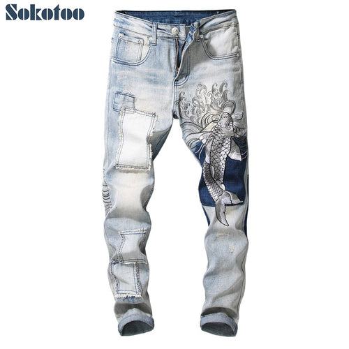 Men's Vintage Embroidery Patchwork Jeans Slim Fit Denim