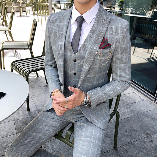Men's 3 Piece Business Suit Plaid